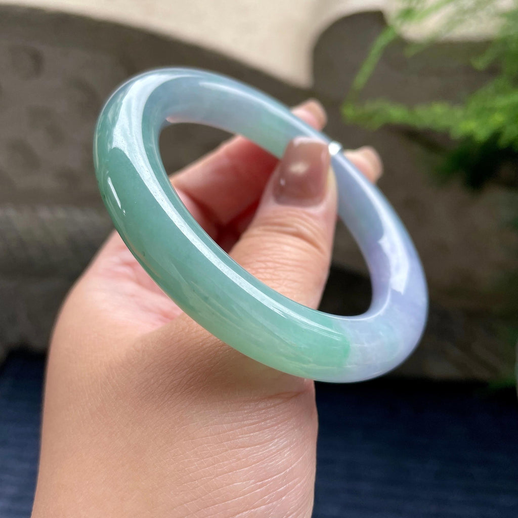 糯冰种春带彩圆条手镯56.3圈口  天然缅甸A货翡翠（yc350663）