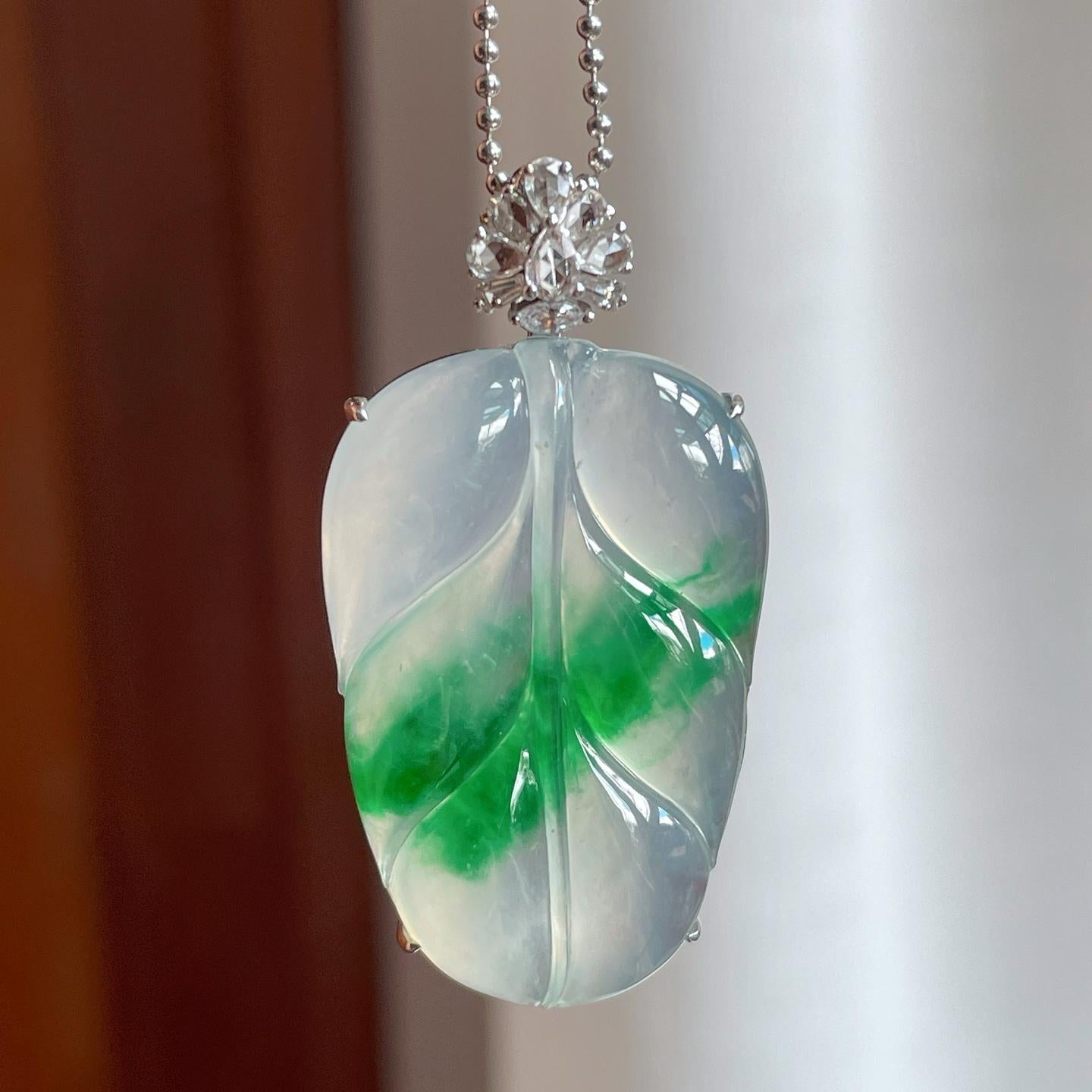 18k金镶冰种带色翡翠叶子（yc250572）