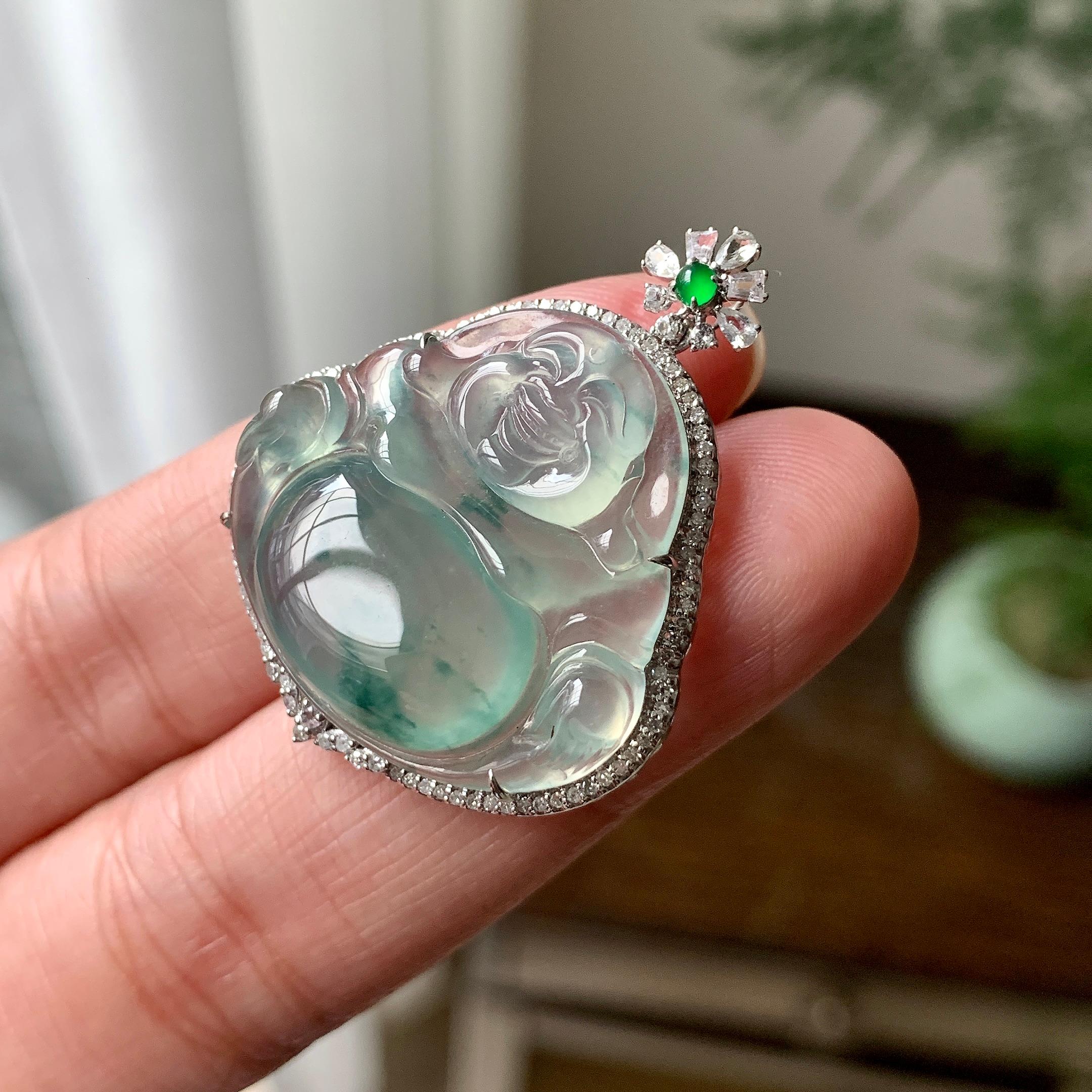 18K金钻镶糯冰种飘花佛公吊坠（yc261152）