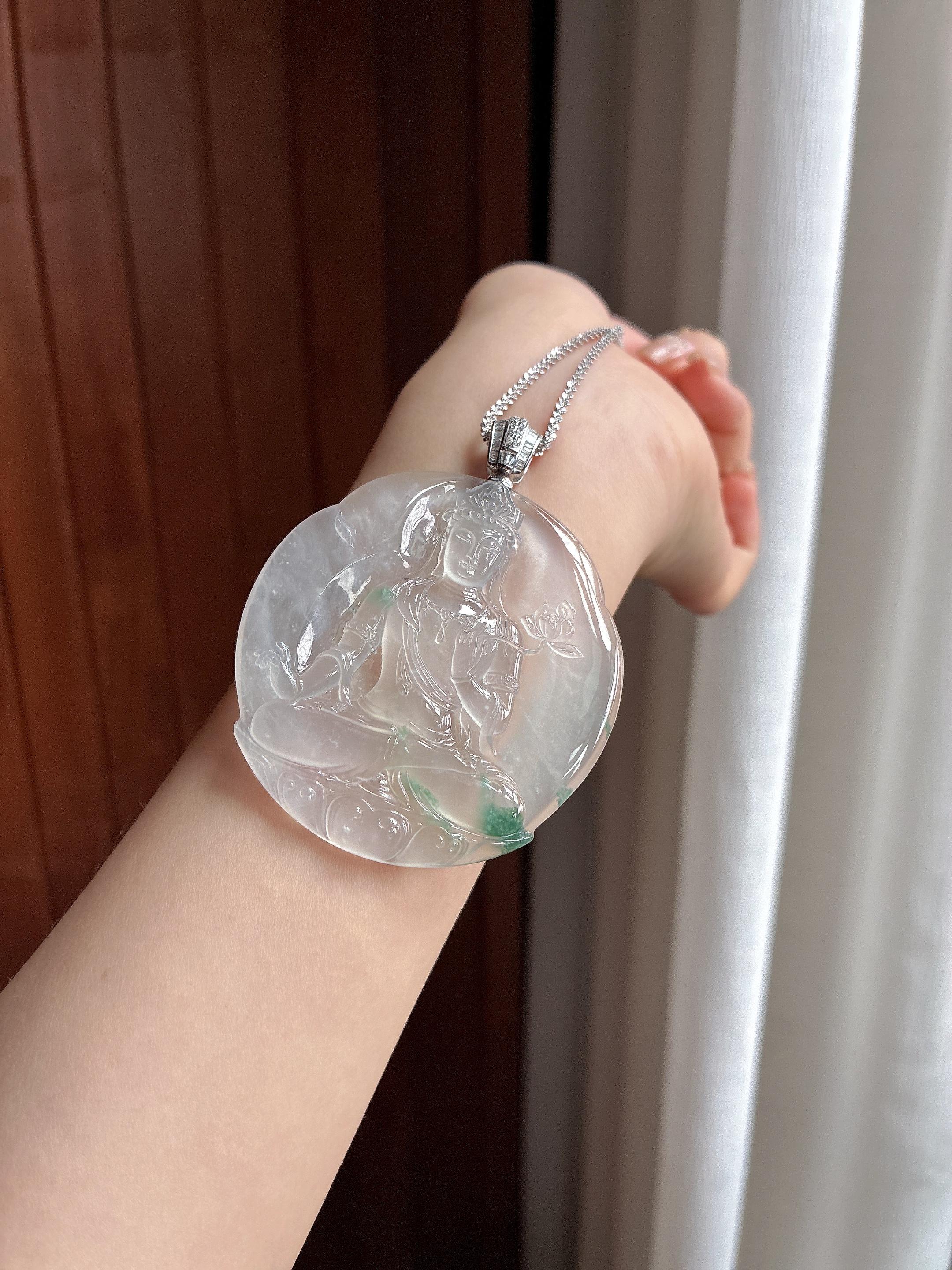 18k金扣头冰玻种飘花观音挂件 天然缅甸A货翡翠（yc466350）