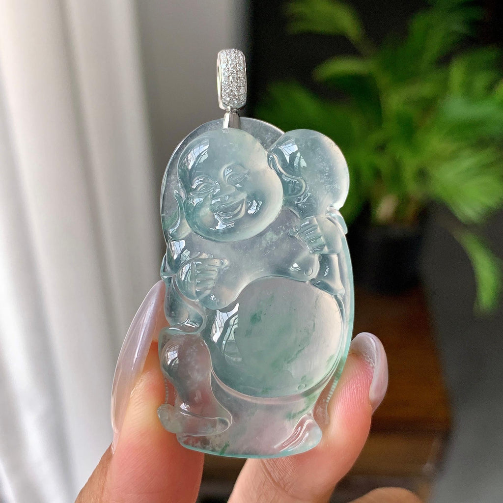 18K金钻扣镶高冰种飘花布袋佛挂件（yc176996）