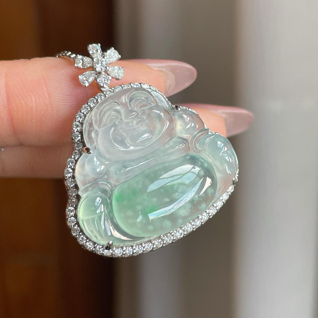 18k金钻镶冰种雪花棉飘绿花佛公（yc284592）