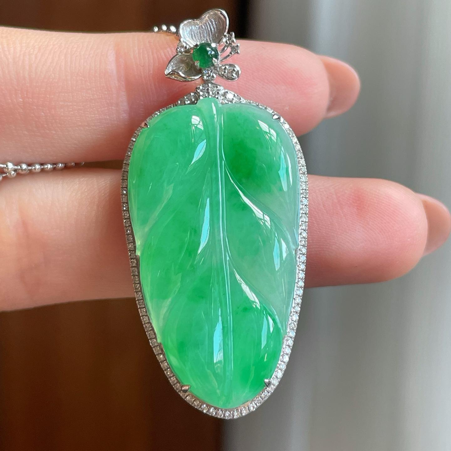 18k金钻镶糯冰带色翡翠叶子（yc337004）