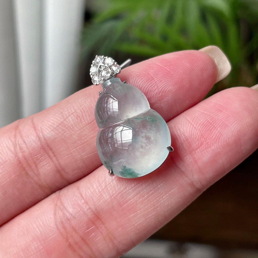 18K金钻镶冰种飘蓝花葫芦吊坠  天然缅甸A货翡翠（yc457090）