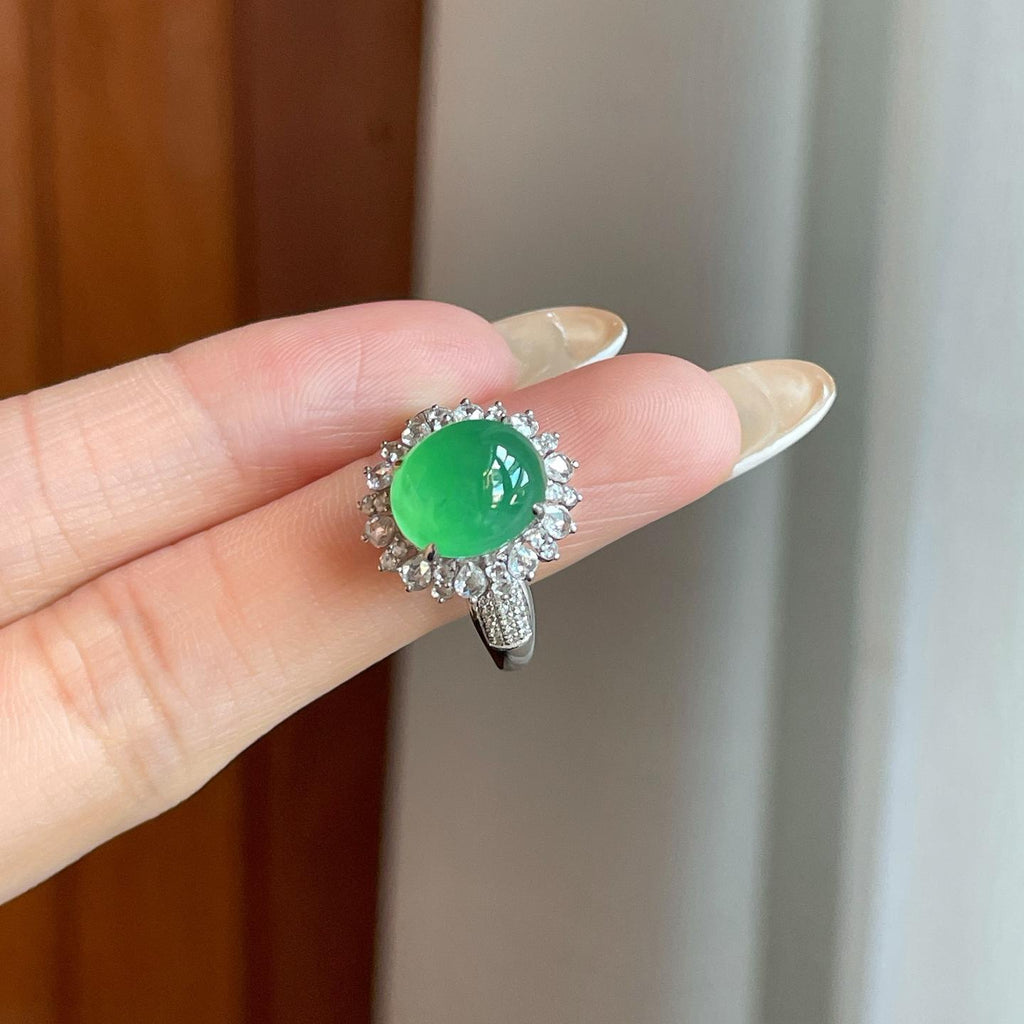 18k金钻镶冰种满色翡翠蛋面戒指（yc265159）