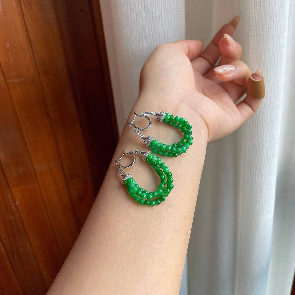 18k金镶糯冰满绿小米珠翡翠耳饰（yc246172）