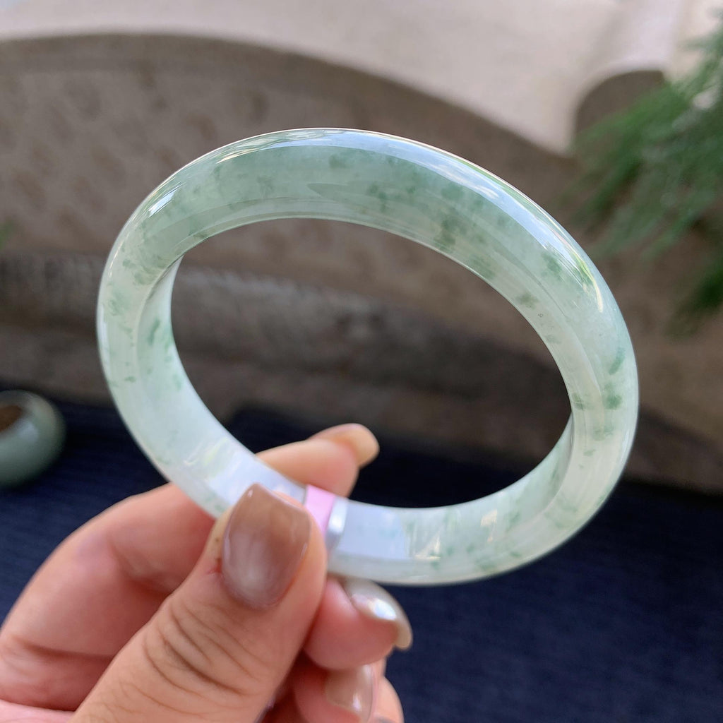 细糯种飘绿花正圈平安镯  57.7圈口  天然缅甸A货翡翠（yc425984）