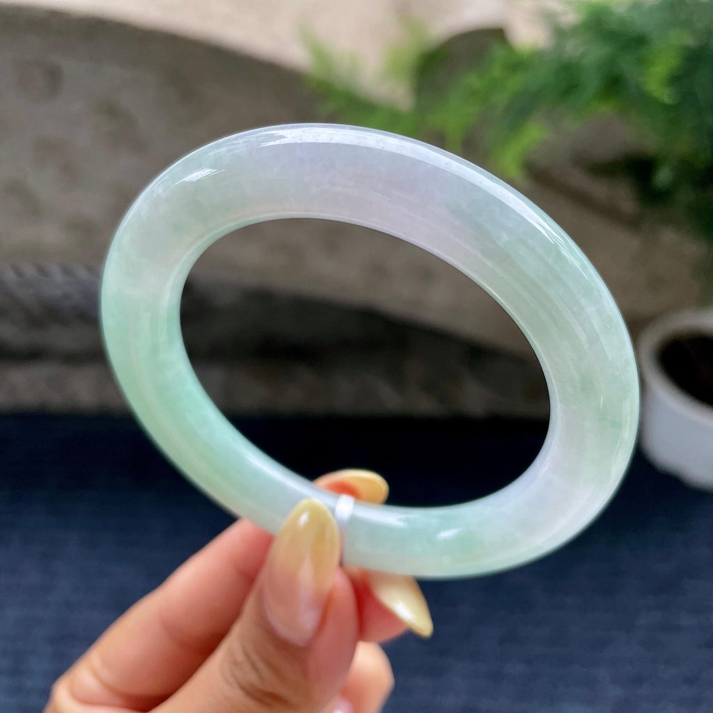 小圈口 细糯种带底色圆条手镯53.8圈 天然缅甸A货翡翠（yc489138）