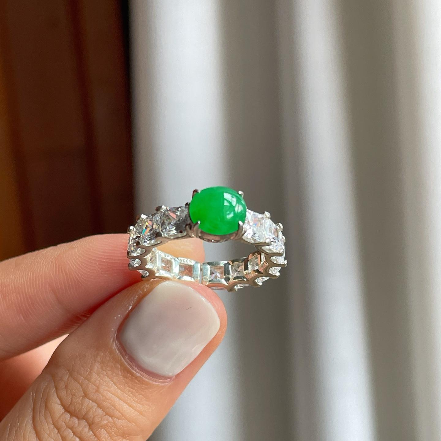 铜托冰种满绿翡翠蛋面（yc247642）