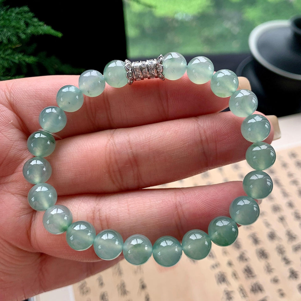 糯冰种晴底飘花手串 天然缅甸A货翡翠（yc473096）