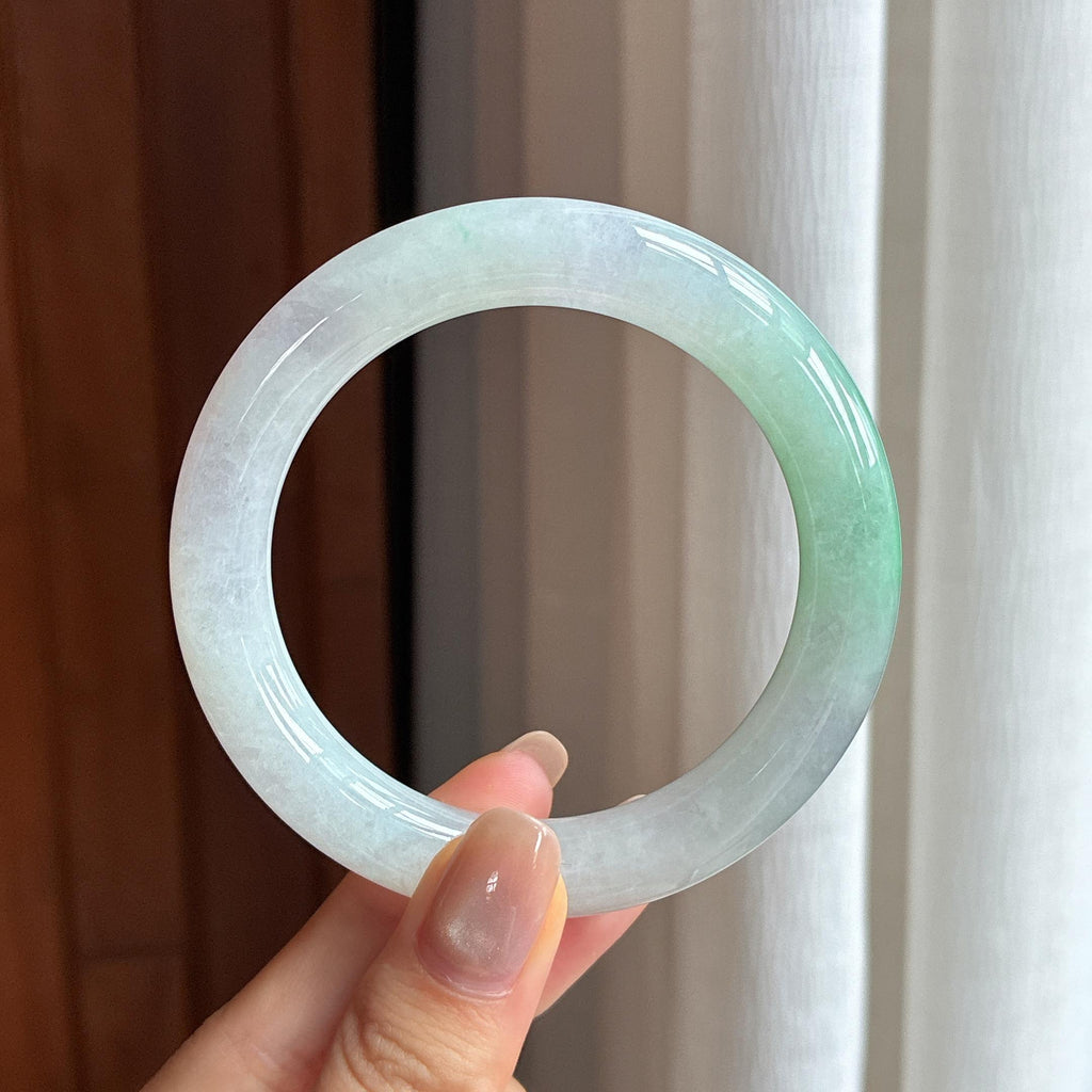 糯冰带色翡翠圆条手镯 55圈天然缅甸A货翡翠（yc440205）