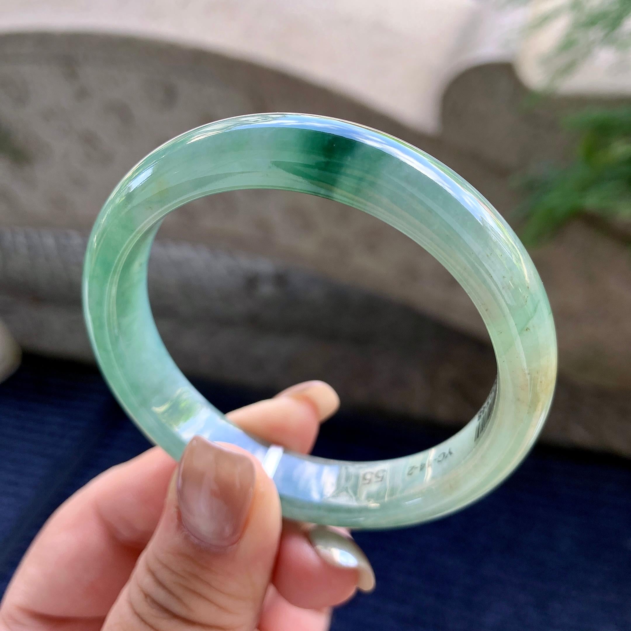细糯种飘绿花洒金正圈平安镯  54.8圈口  天然缅甸A货翡翠（yc433625）