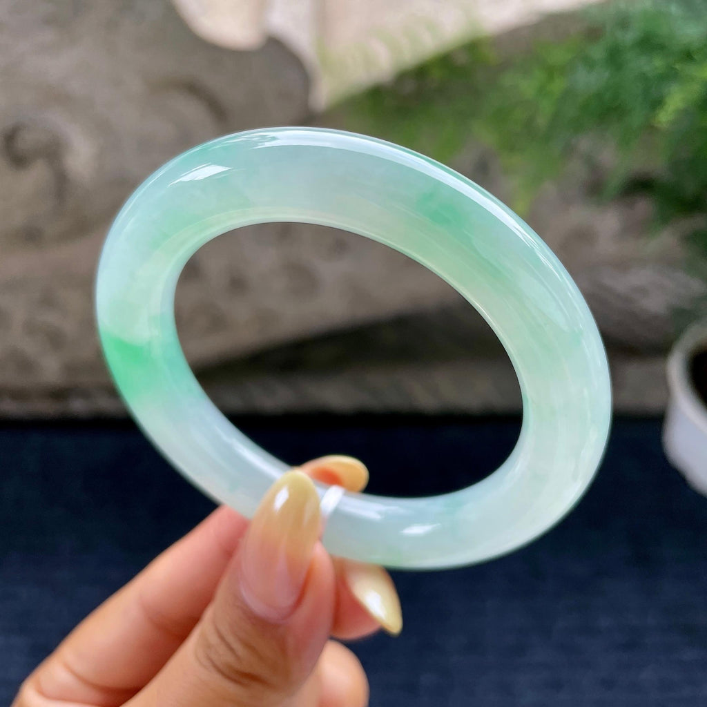 小圈口 糯冰种飘绿花圆条手镯53.4圈 天然缅甸A货翡翠（yc489319）