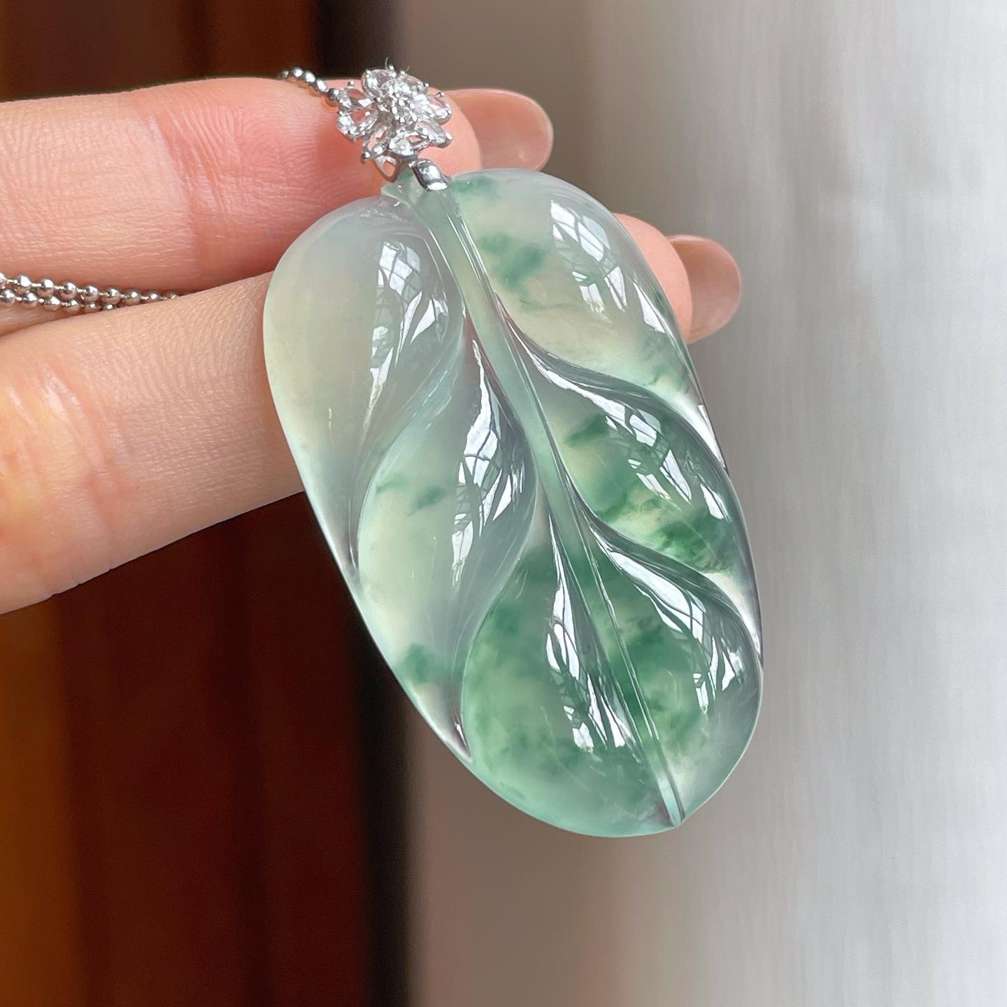 18k金扣头冰种飘花翡翠叶子（yc358349）