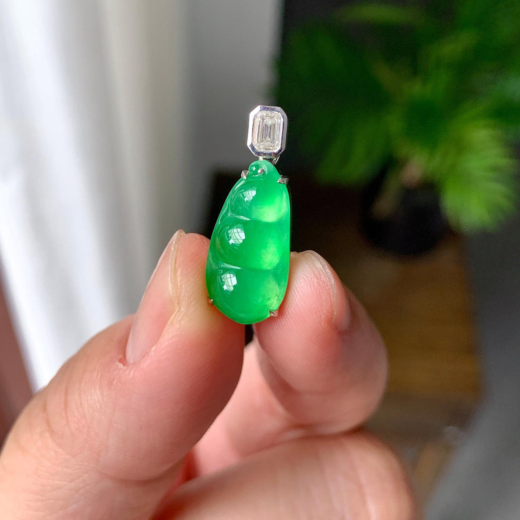 18K金钻镶冰种满绿福豆吊坠（yc257221）