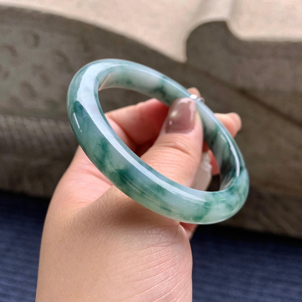 细糯种飘蓝花正圈平安镯 57圈口 天然缅甸A货翡翠（yc345011）