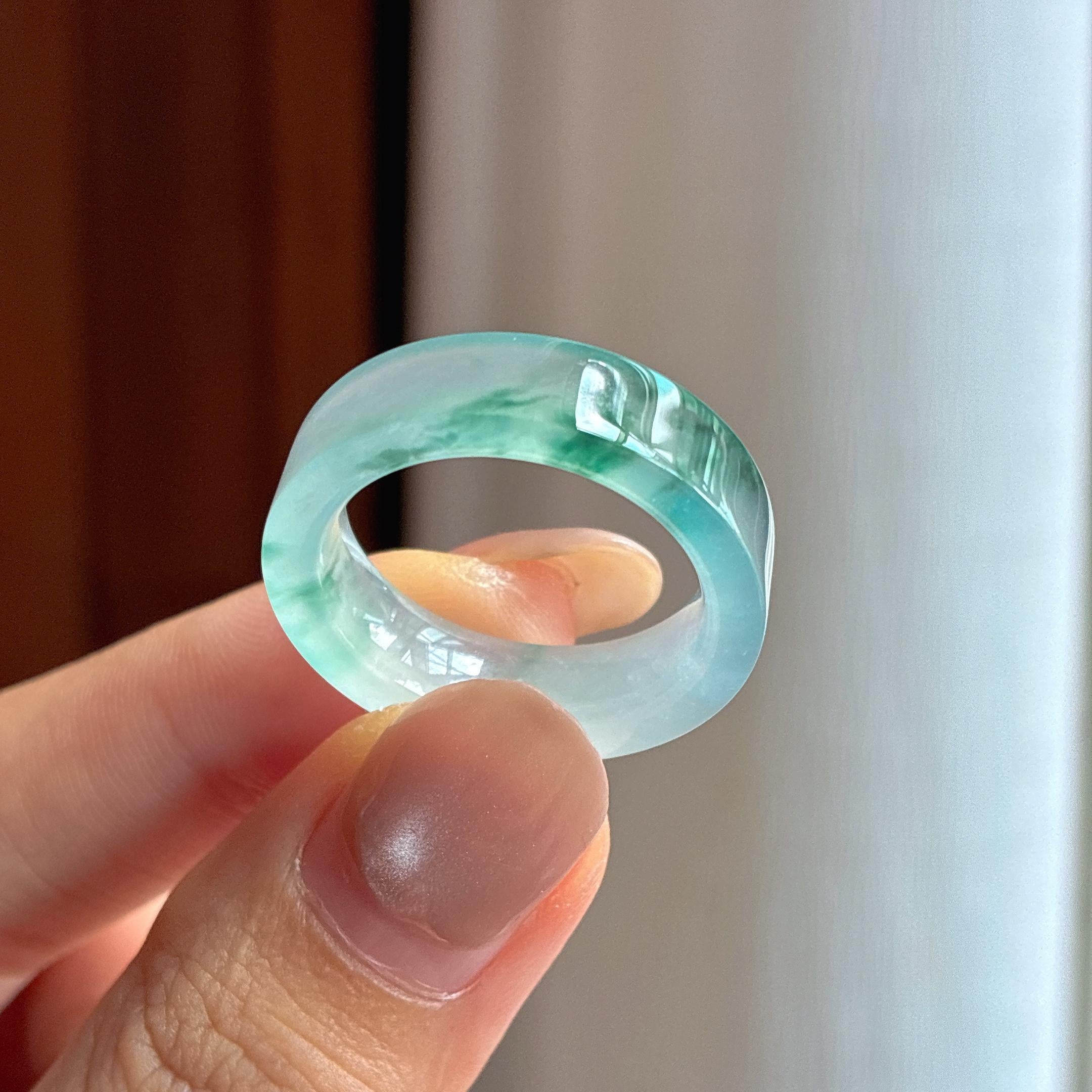 冰种飘花方形戒圈20号天然缅甸A货翡翠（yc437845）