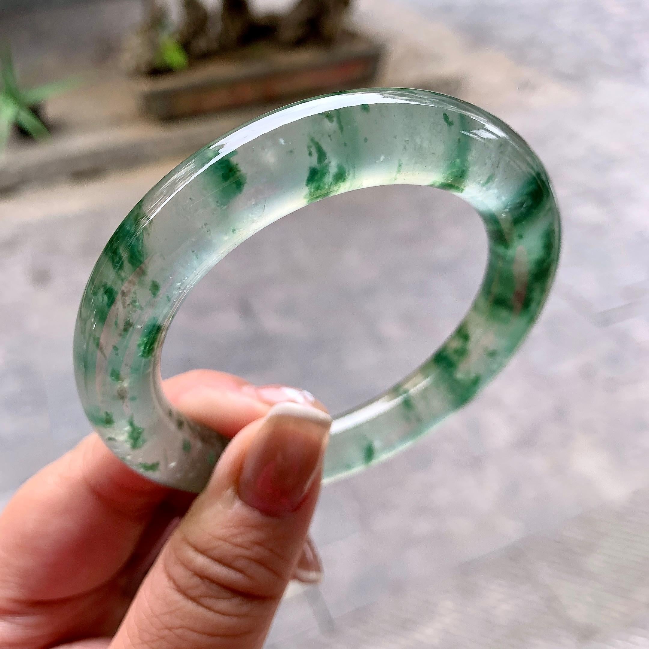大圈口 高冰种飘绿花圆条手镯 58圈口 天然缅甸A货翡翠（yc378788）
