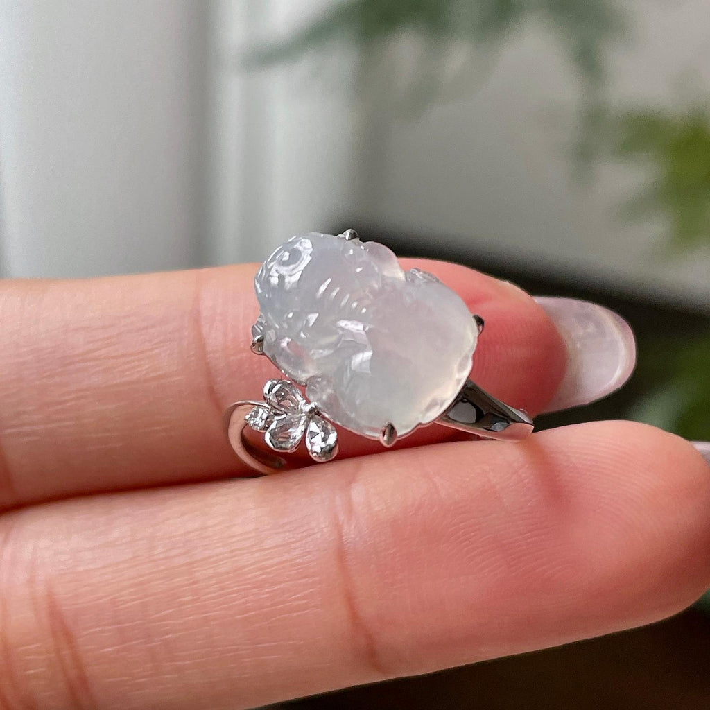 18k金钻镶糯冰种无色貔貅戒指   天然缅甸A货翡翠（yc327253）