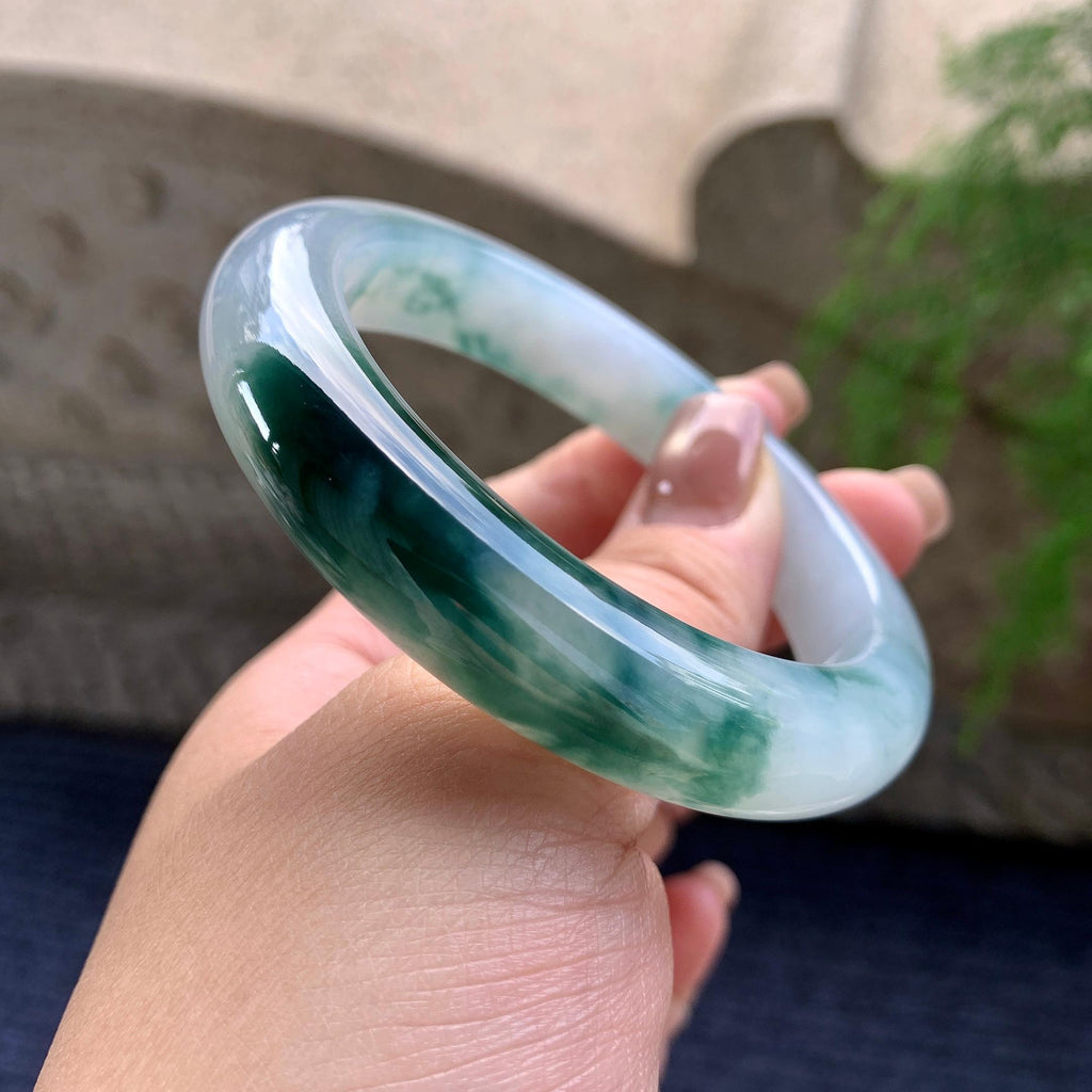 糯冰种飘蓝花正圈平安镯 57.3圈口 天然缅甸A货翡翠（yc352944）