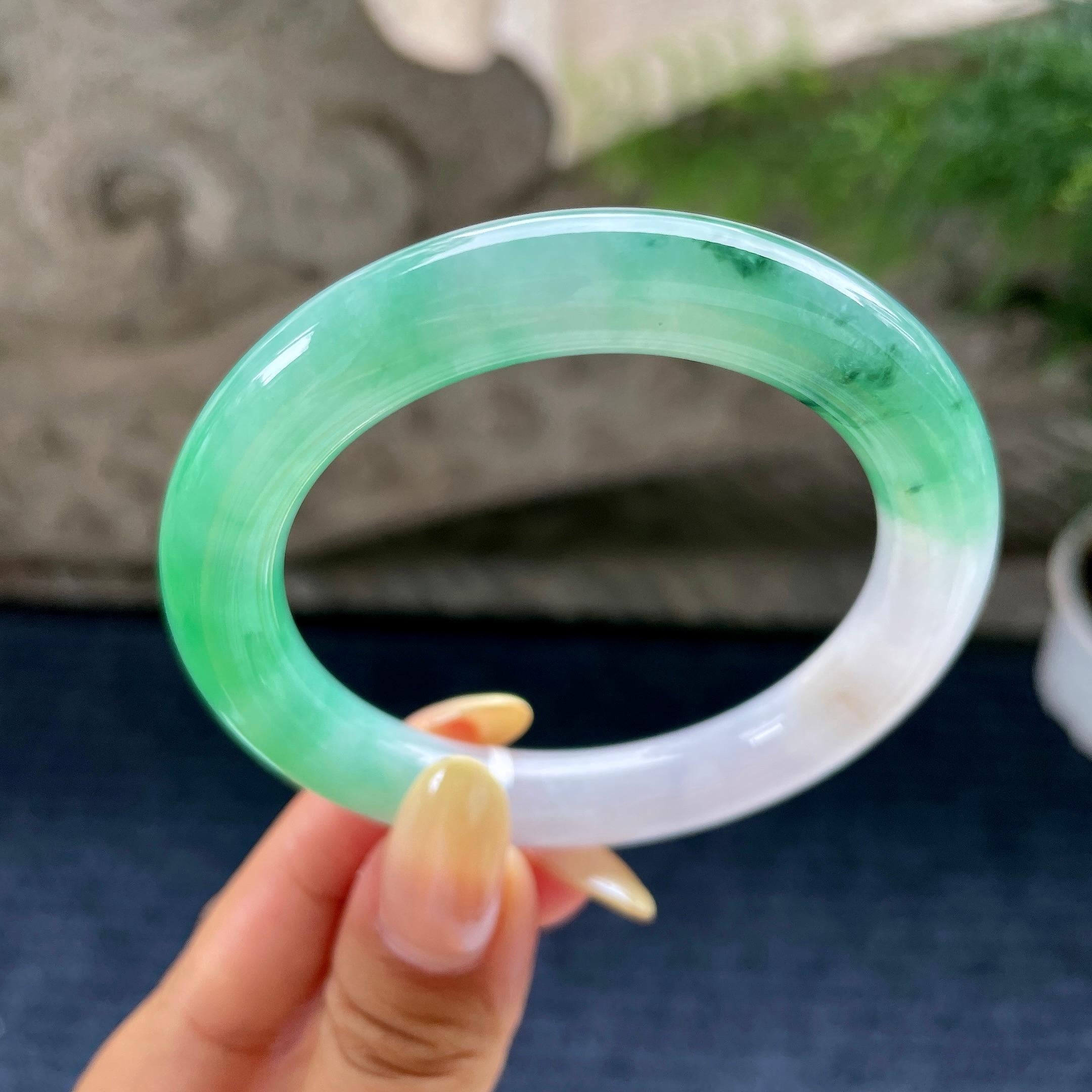 小圈口 糯冰种翠绿圆条手镯53.3圈 天然缅甸A货翡翠（yc489326）