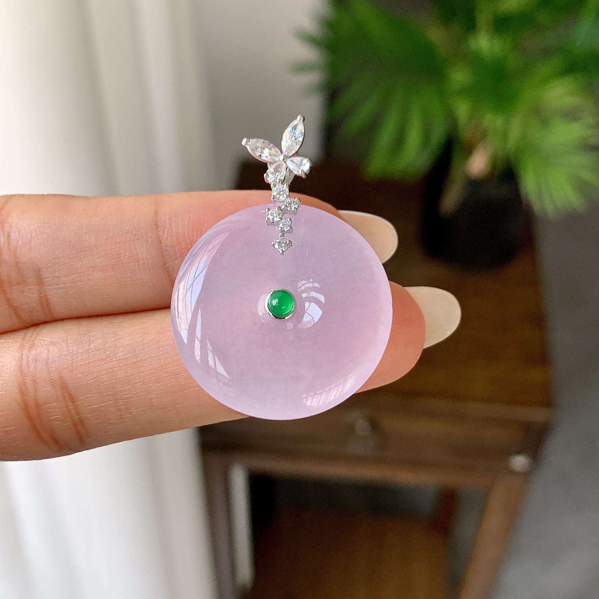 18K金钻镶糯冰种淡粉底平安扣吊坠（yc248216）