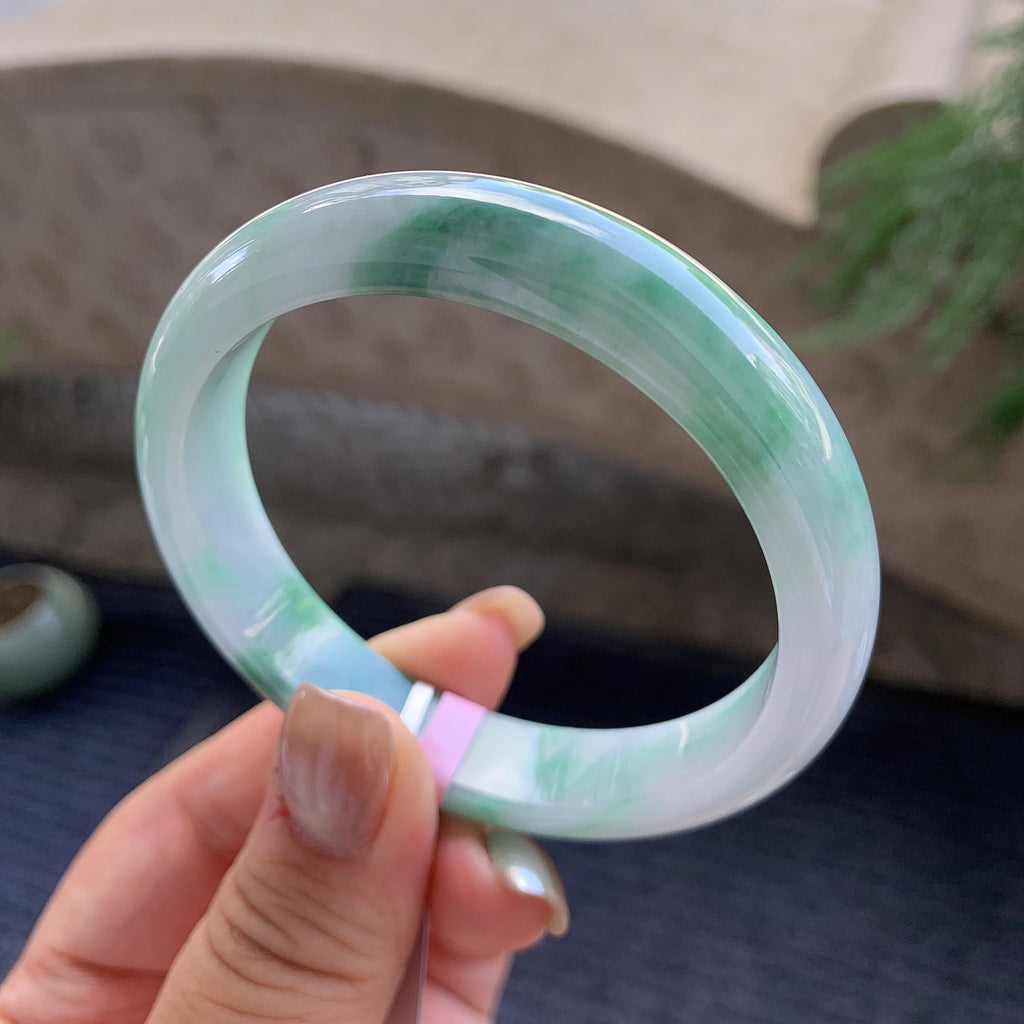 细糯种淡紫飘蓝花正圈平安镯  57.3圈口  天然缅甸A货翡翠（yc425978）