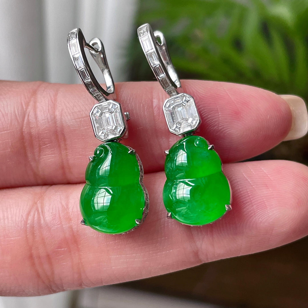 18K金钻镶冰种满绿葫芦耳坠/吊坠（两用款）  天然缅甸A货翡翠（yc457036）
