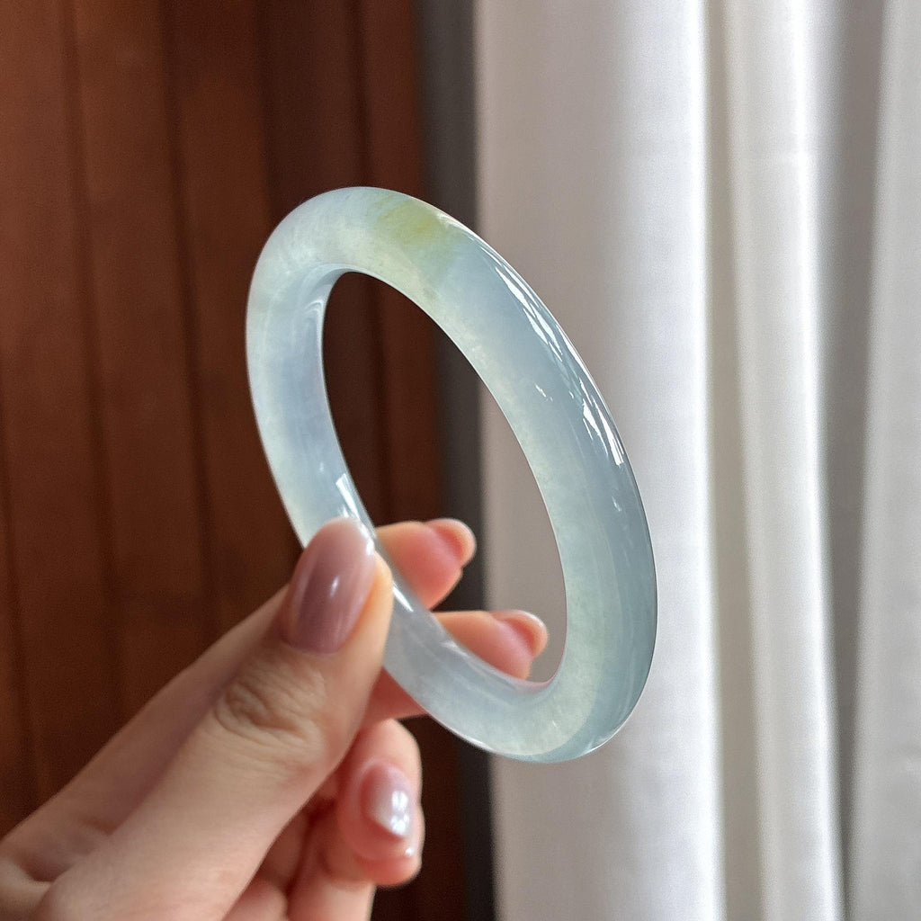 冰种晴底飘黄圆条手镯 52圈 天然缅甸Ａ货翡翠（yc487450）