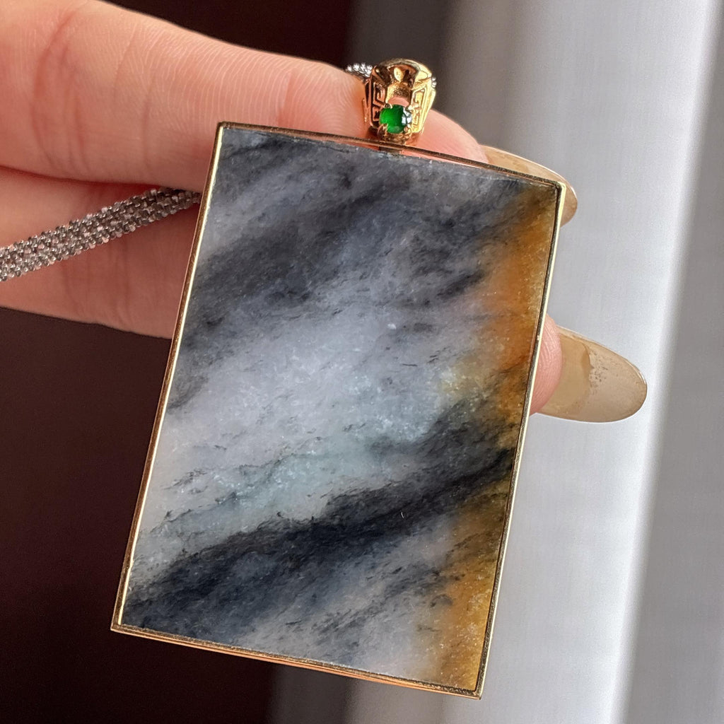 18k金镶糯冰乌鸡带黄翡无事牌挂件 天然缅甸A货翡翠（yc577315）