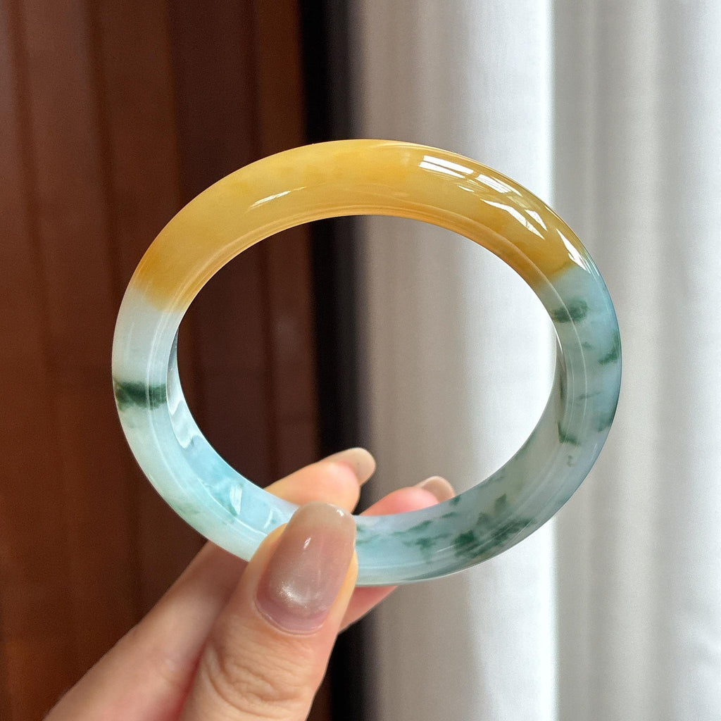Vòng tay ngọc phỉ thúy vàng băng tuyết nếp có hoa văn đặc sắc, vòng tròn bình an 56, ngọc phỉ thúy tự nhiên hạng A Myanmar (yc450482)