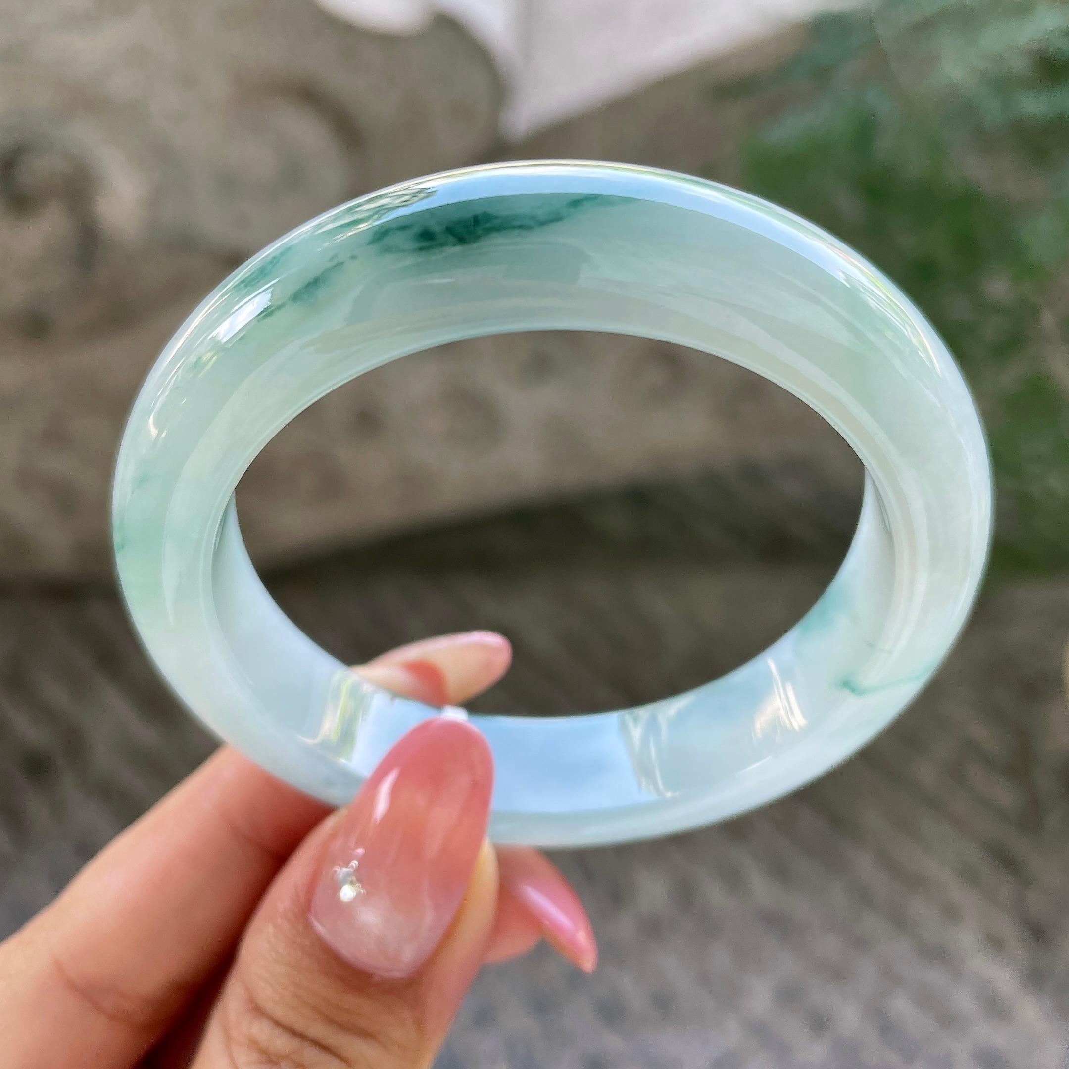 小圈口      糯冰种飘花正圈平安镯53圈       天然缅甸A货翡翠（yc431599）
