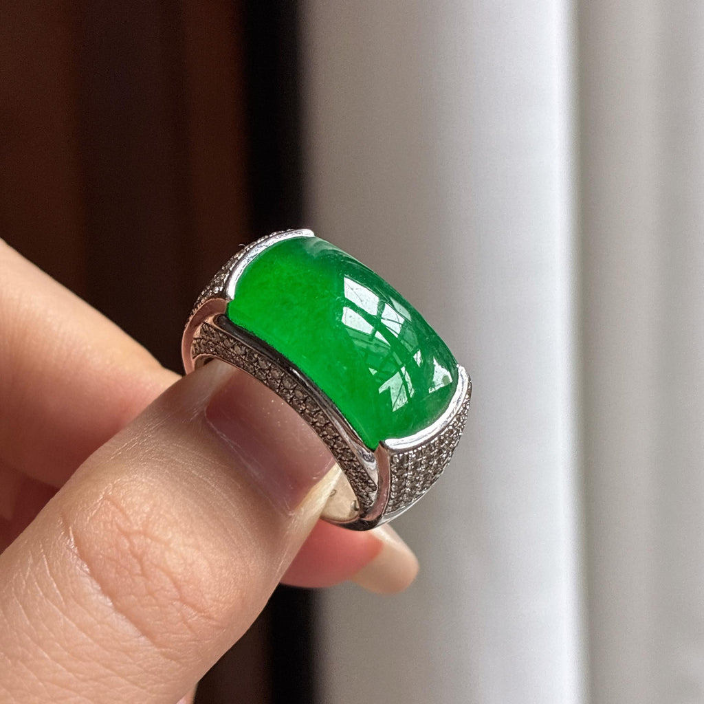Nhẫn Ngọc Phỉ Thúy Myanmar Loại A Tự Nhiên, 18K Vàng Khảm Ngọc Băng Tuyết Mãn Lục (yc450396)