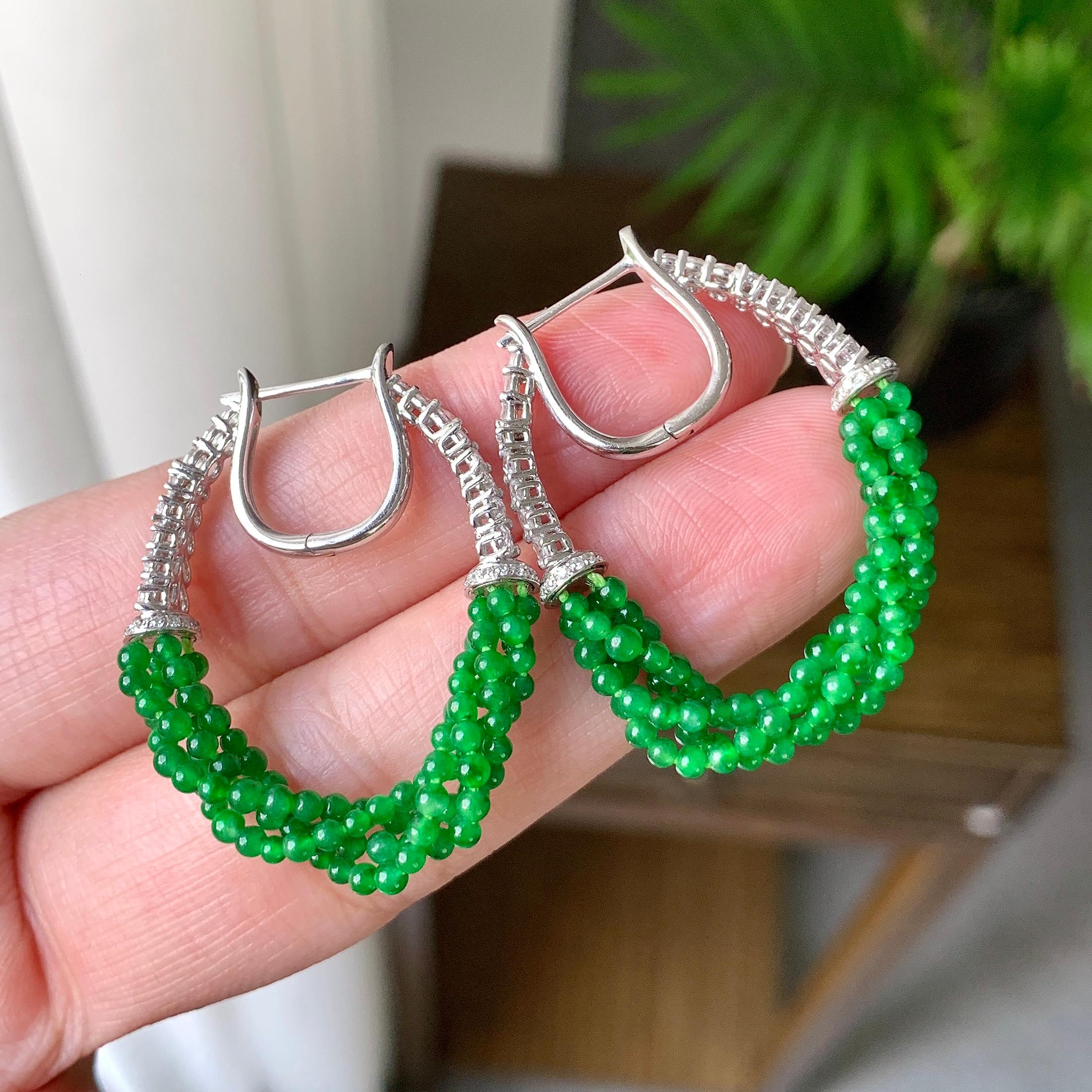 18K金钻镶糯冰种满绿小米珠耳坠（yc248201）