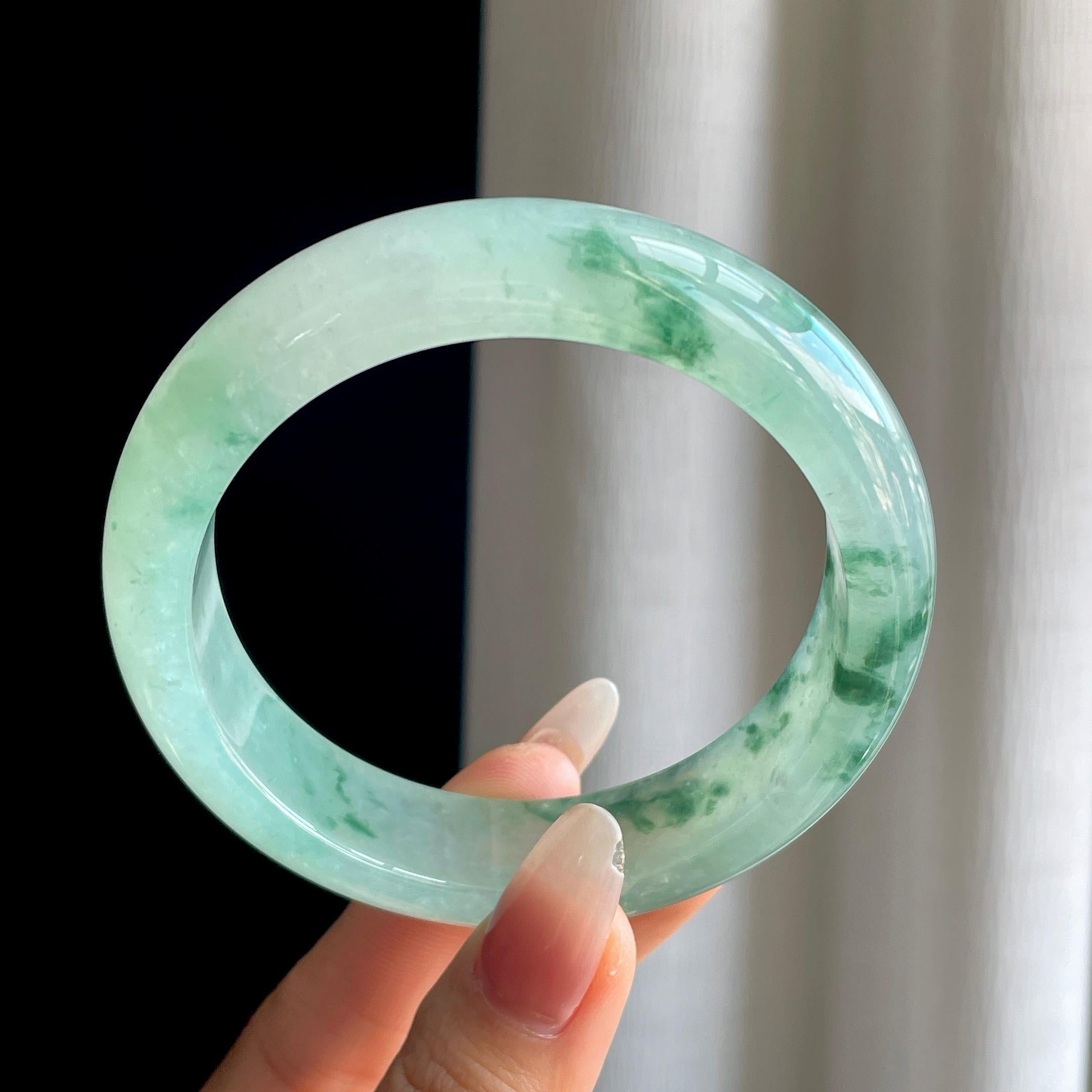 冰种飘花翡翠宽版翡翠平安镯（62mm）（yc303076）