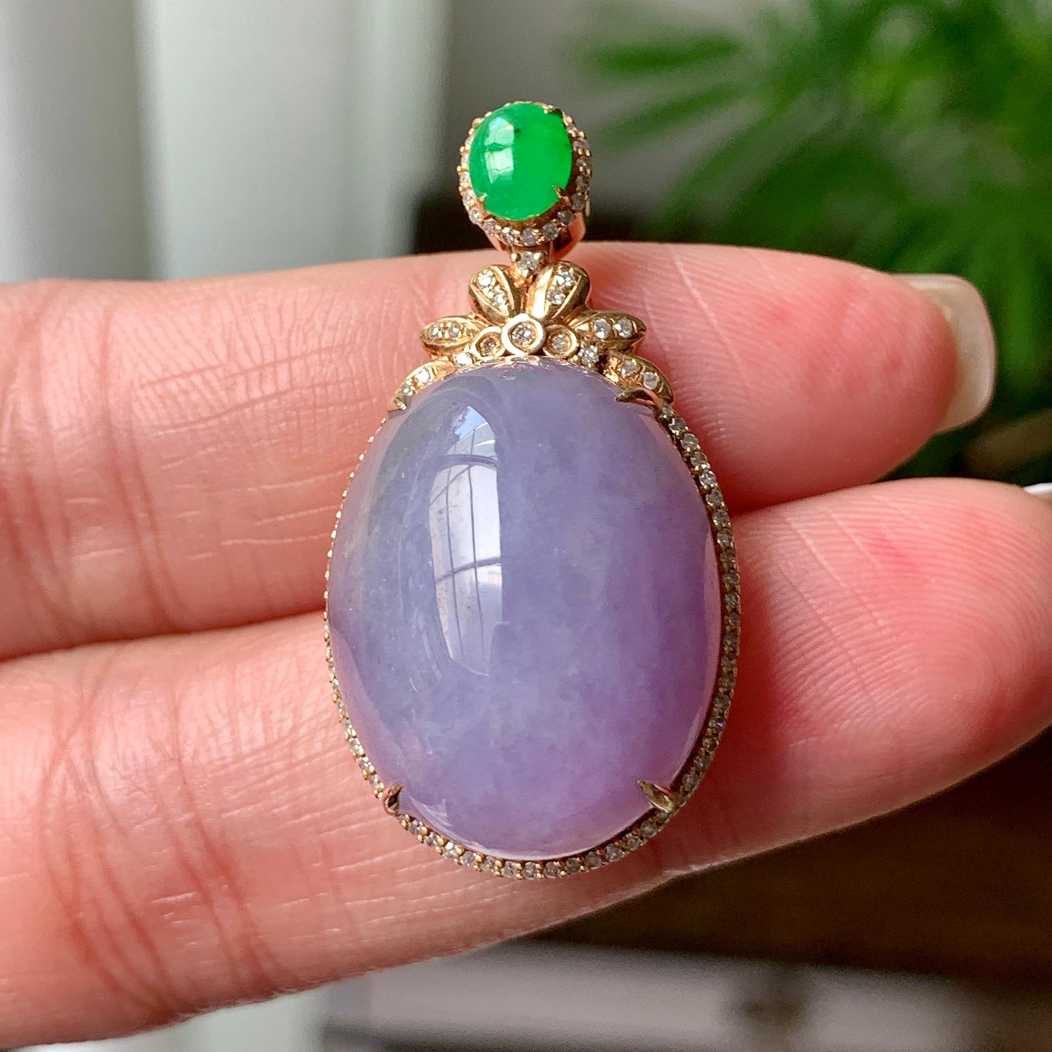 18K金钻镶细糯种紫罗兰蛋面吊坠 天然缅甸A货翡翠（yc362118）