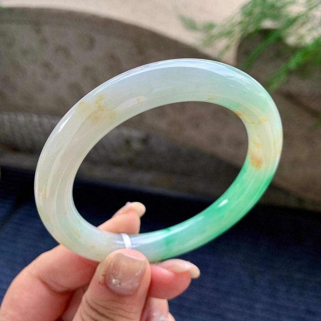 大圈口 糯冰种翠绿飘花洒金圆条手镯 59圈口 天然缅甸A货翡翠（yc464046）