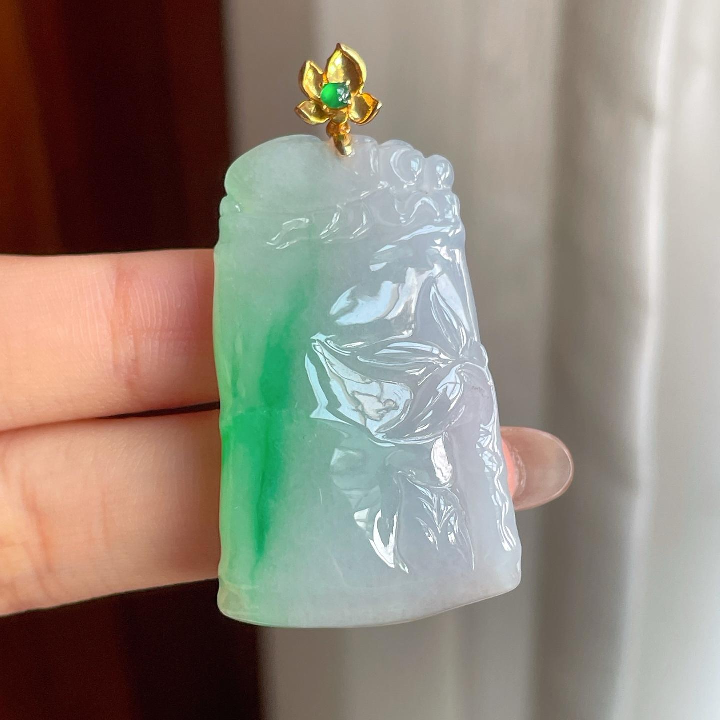 18k金扣糯冰种带色翡翠竹节挂件（yc187605）
