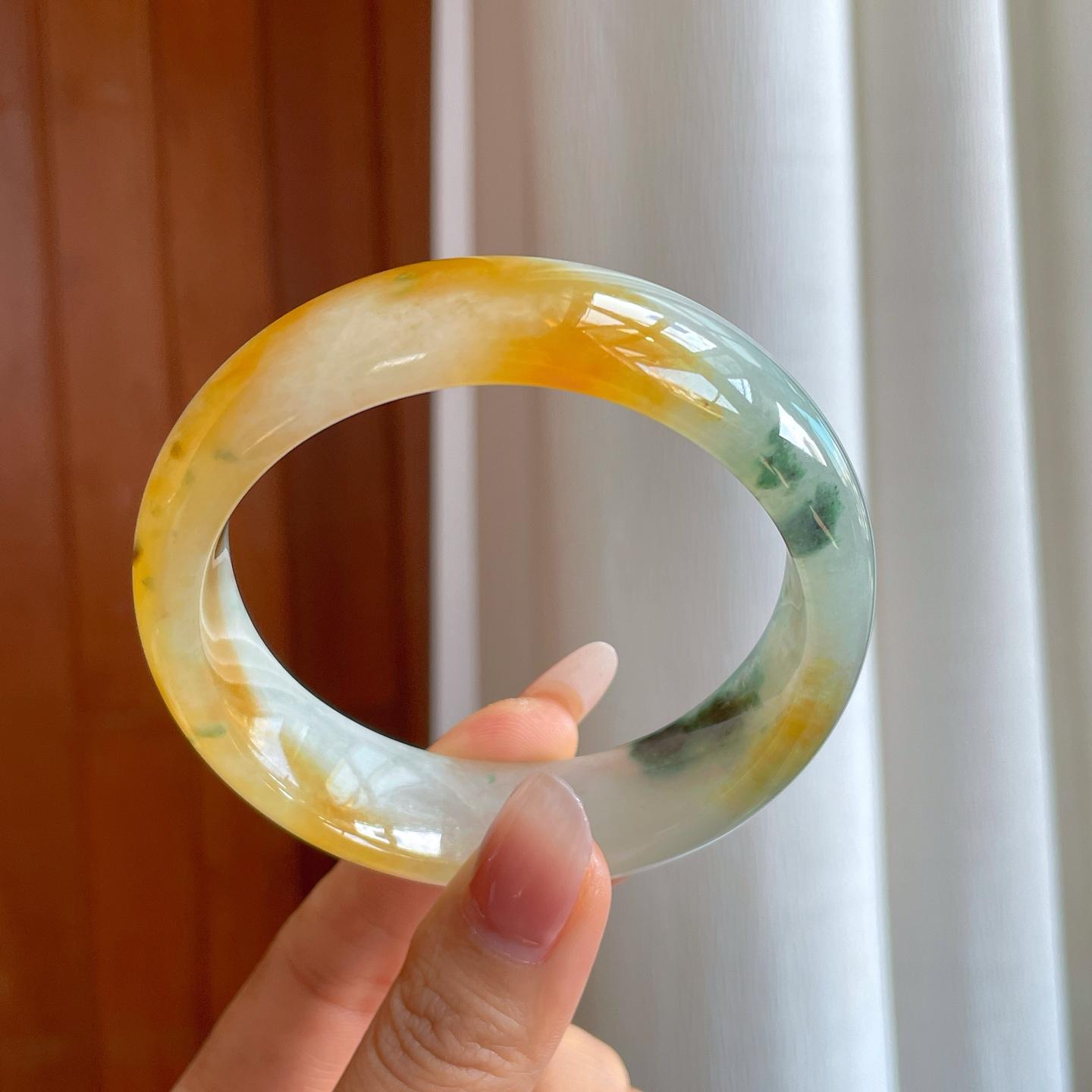 冰种黄翡飘花宽版特色平安镯（60.6mm）（yc310756）