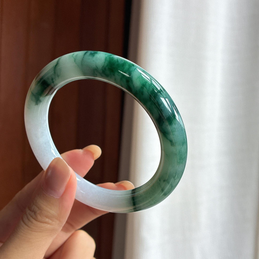 糯冰飘花圆条翡翠手镯 56圈（yc424219）