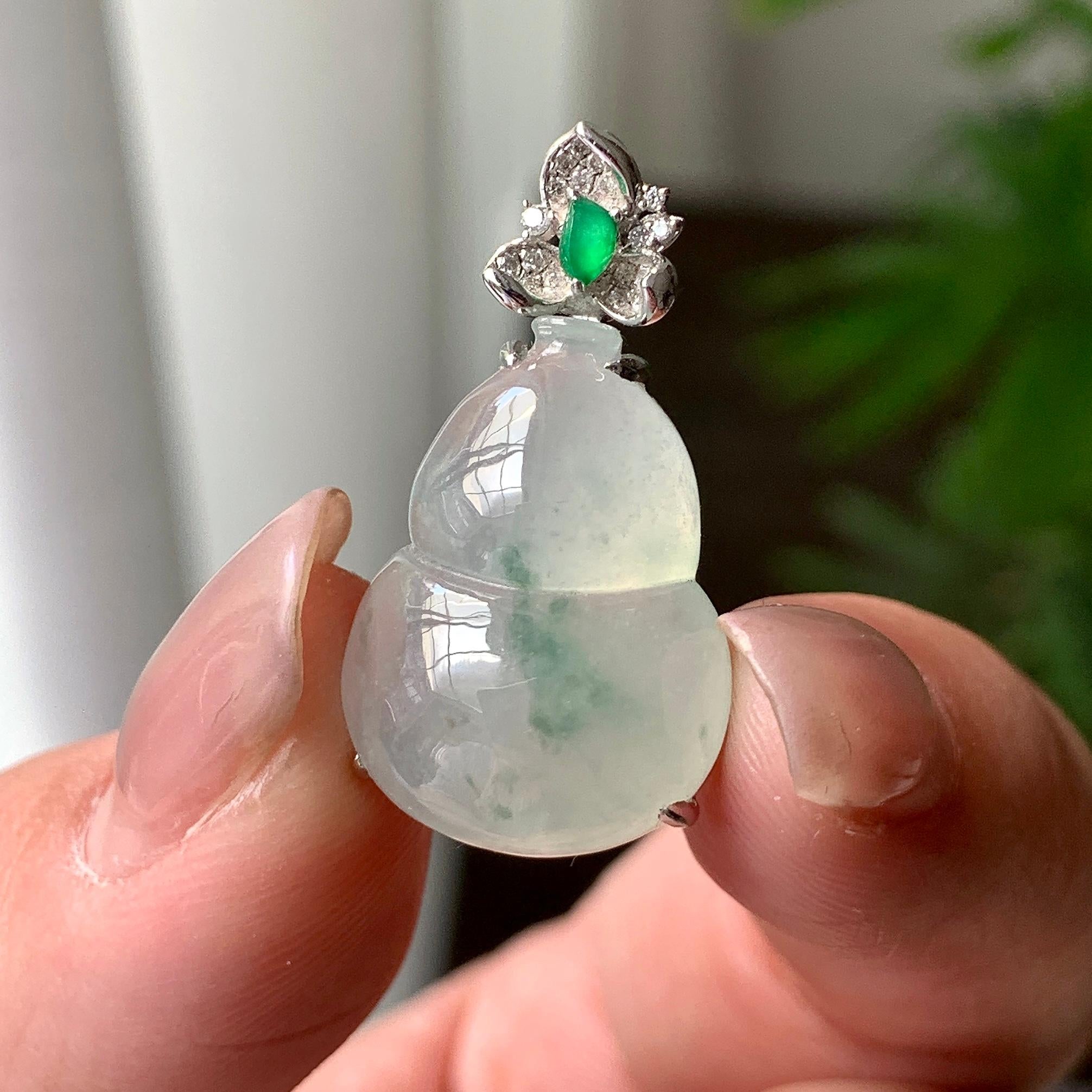 18K金钻镶糯冰种飘绿花葫芦吊坠 天然缅甸A货翡翠（yc356840）