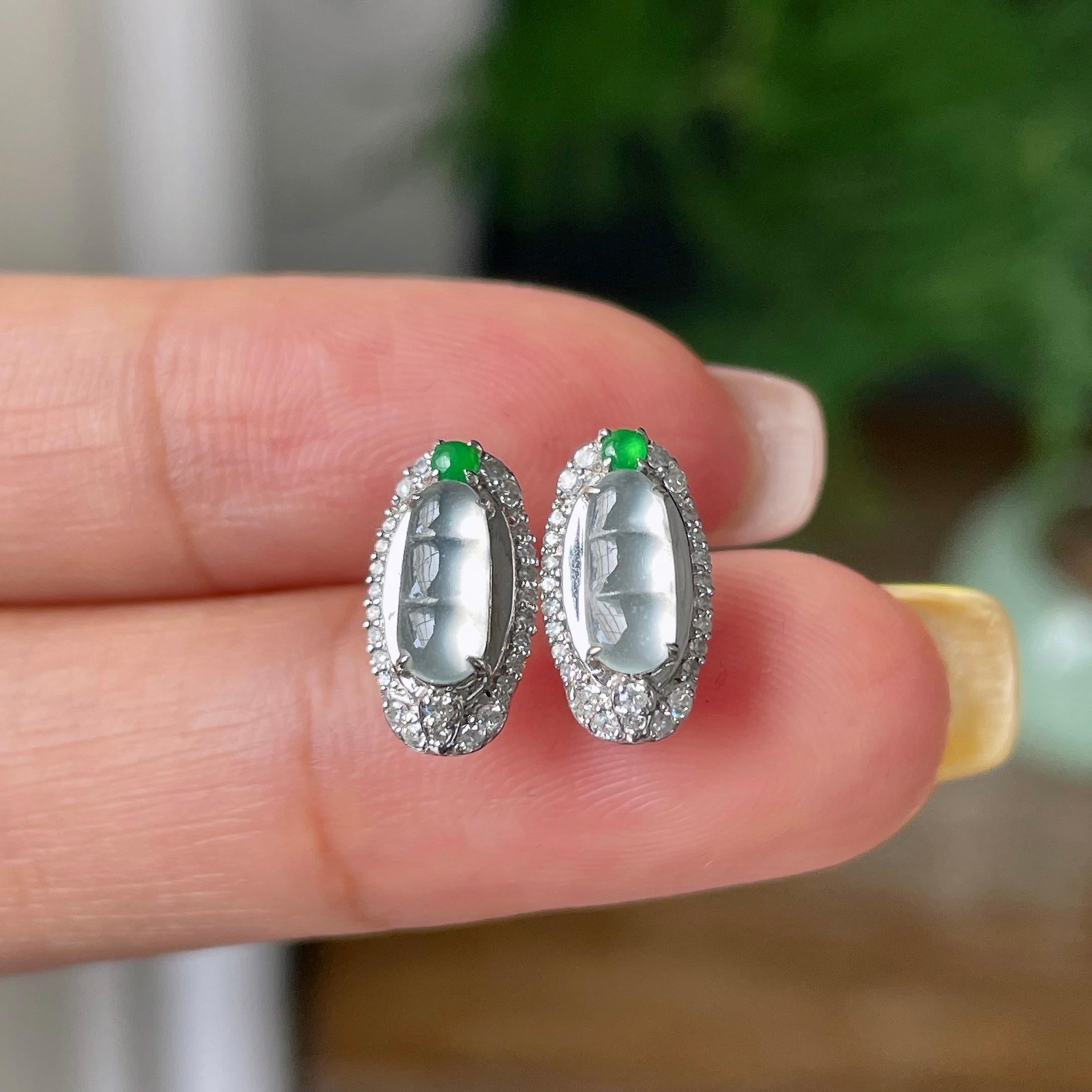 18k金钻镶冰种无色福豆耳钉    天然缅甸A货翡翠（yc358915）