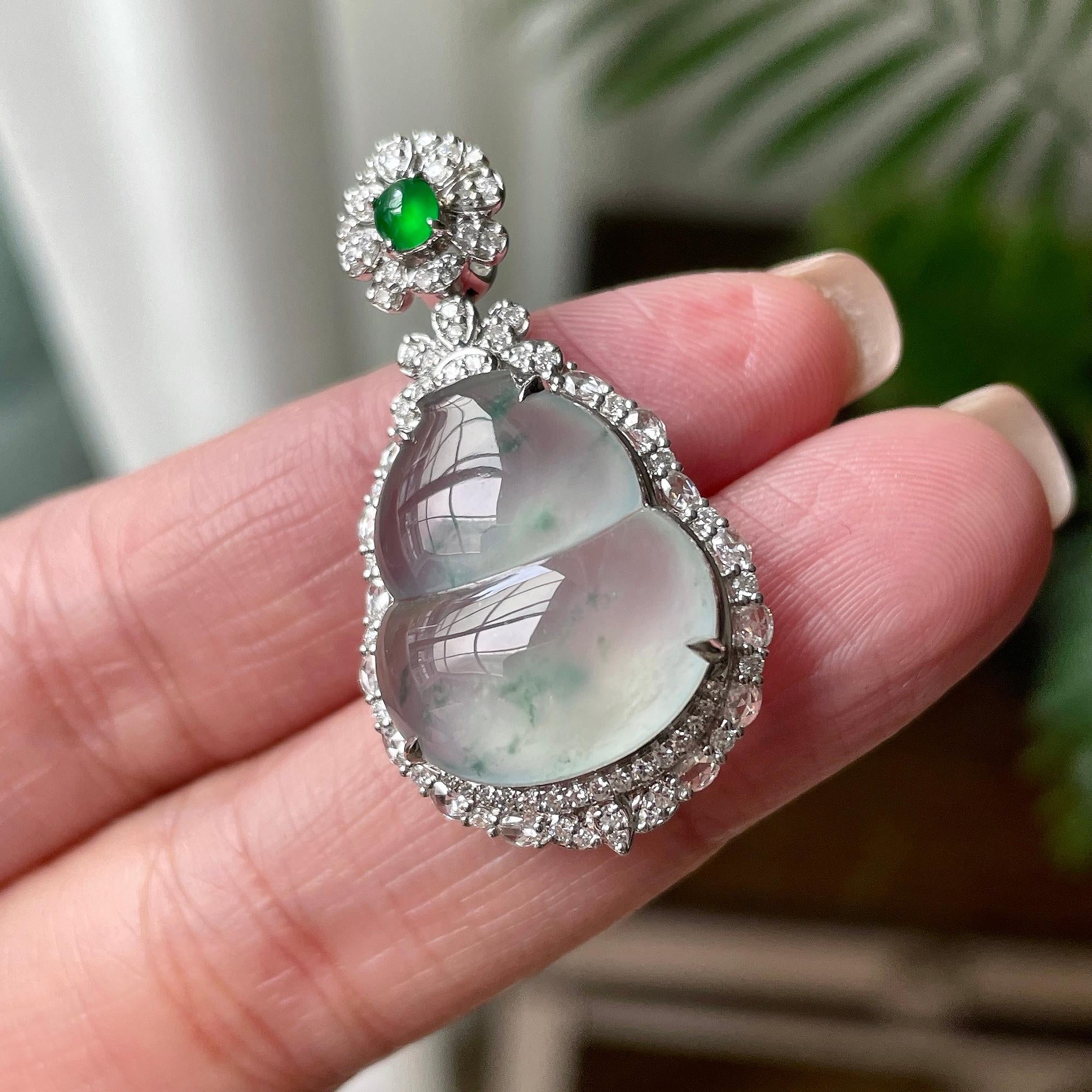 18K金钻镶冰种飘绿花葫芦吊坠 天然缅甸A货翡翠（yc349992）