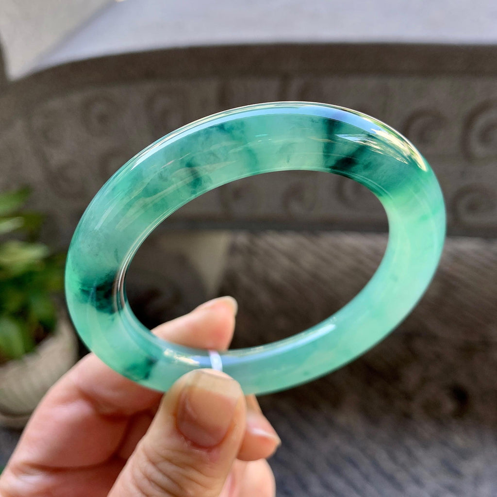 糯冰种蓝底飘花圆条手镯（54mm）（yc307306）