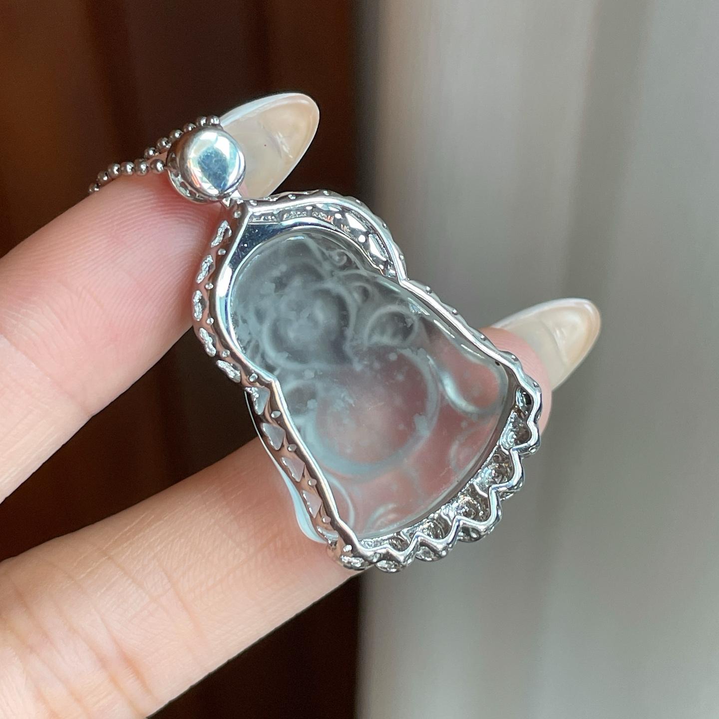 18k金钻镶冰种无色雪花棉翡翠财神爷吊坠（yc265789）