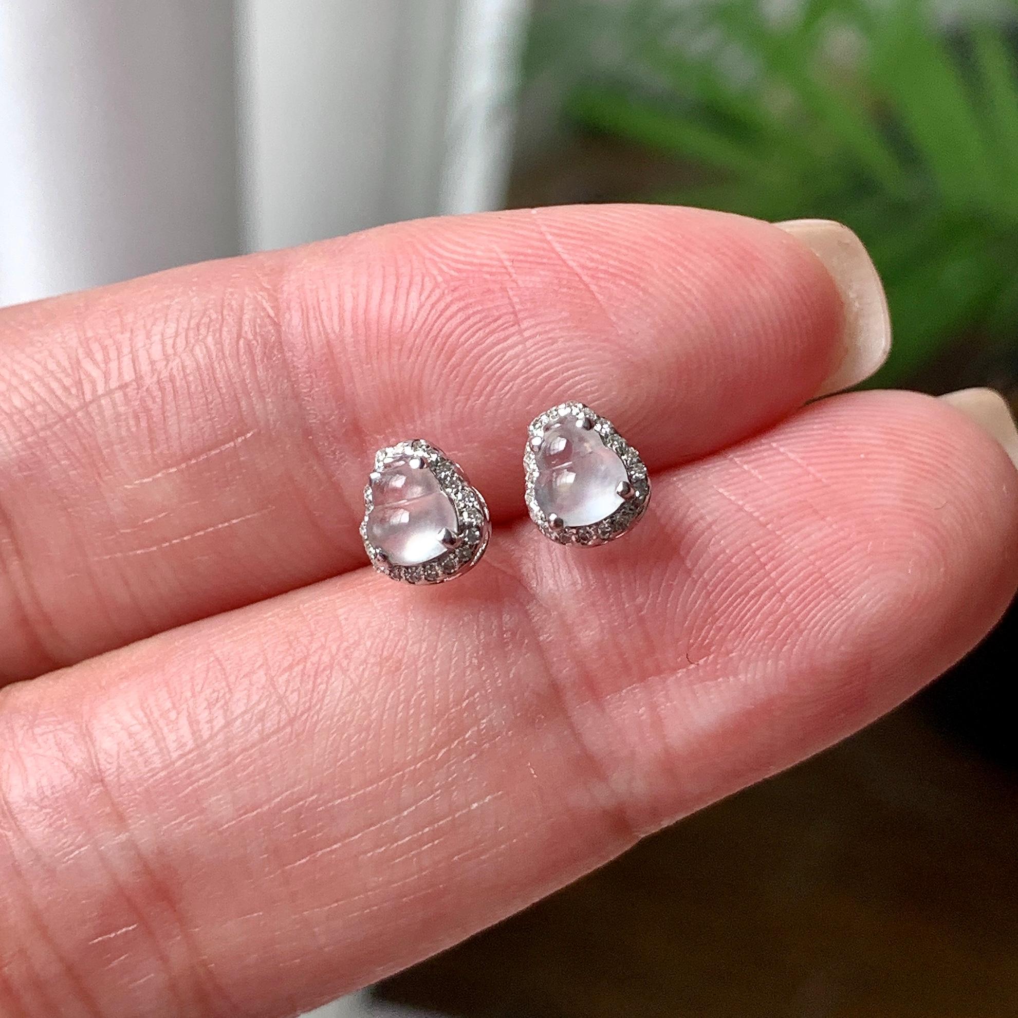 18K金钻镶糯冰种无色葫芦耳钉  天然缅甸A货翡翠（yc443557）