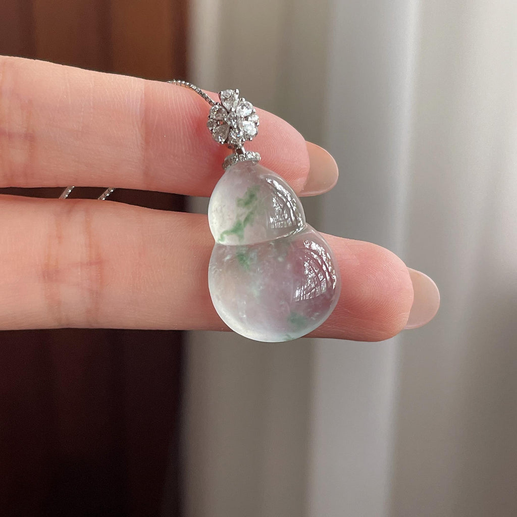 18K金扣头高冰起光飘花葫芦挂件 天然缅甸Ａ货翡翠（yc506605）
