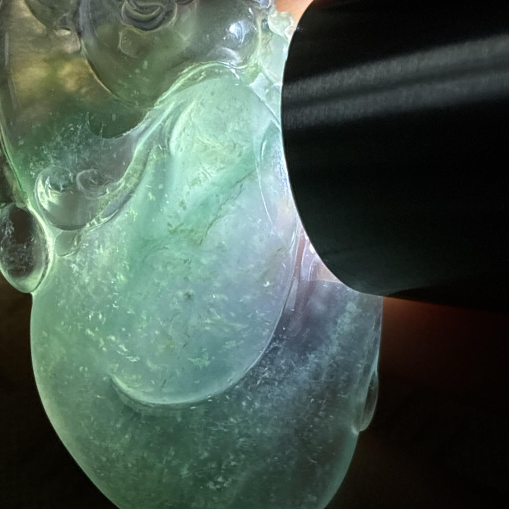 18k金扣头冰种飘花逍遥佛挂件 天然缅甸A货翡翠（yc527090）