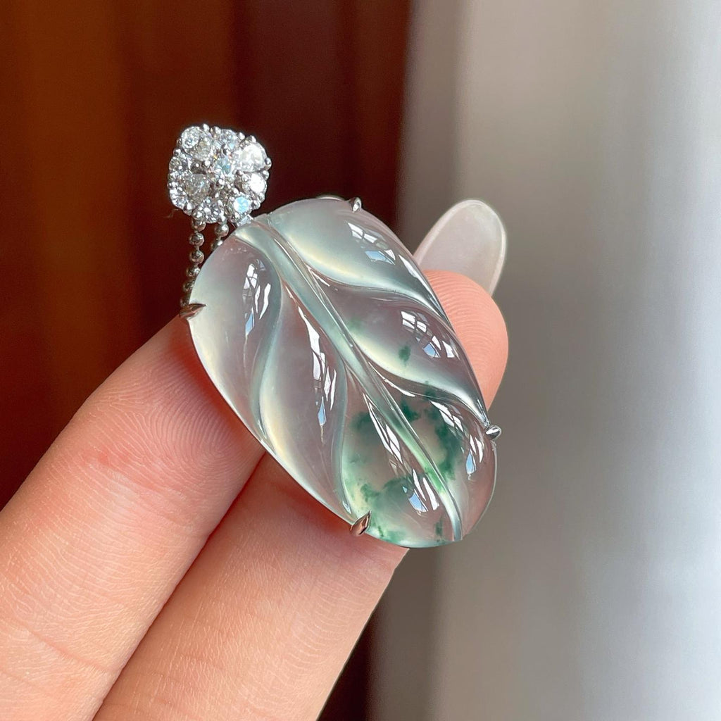 18k金钻镶冰种飘花翡翠叶子（yc261404）