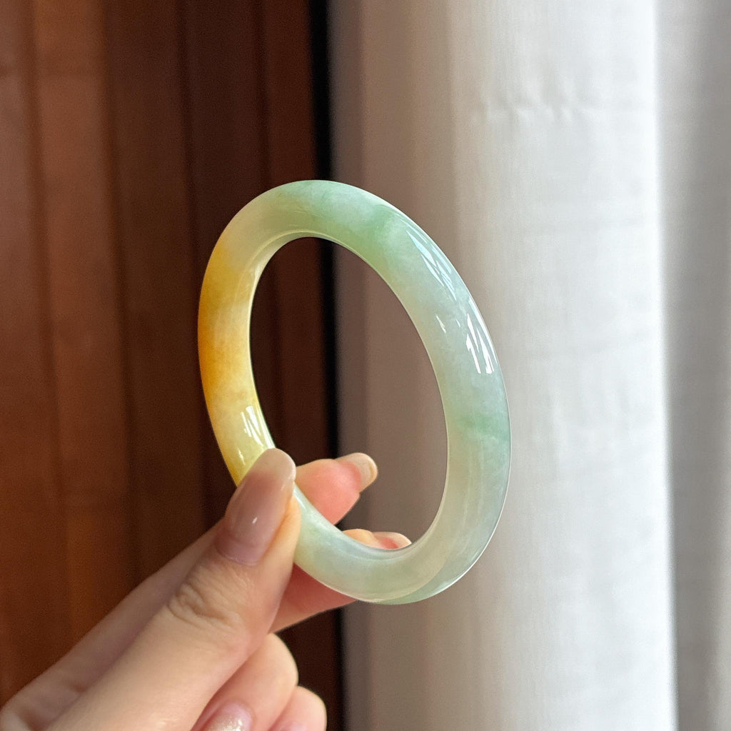 细糯种黄加绿圆条手镯 54圈 天然缅甸A货翡翠（yc455108）